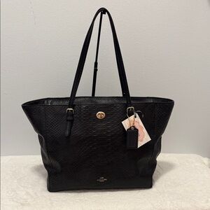 Coach Taxi Turn Lock Large Black snake Embossed Tote Bag